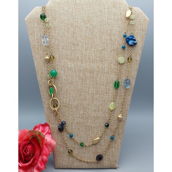Lia Sophia Long Double Strand Beaded Necklace Brushed Gold Tone Green Blue 40" - Picture 3 of 11